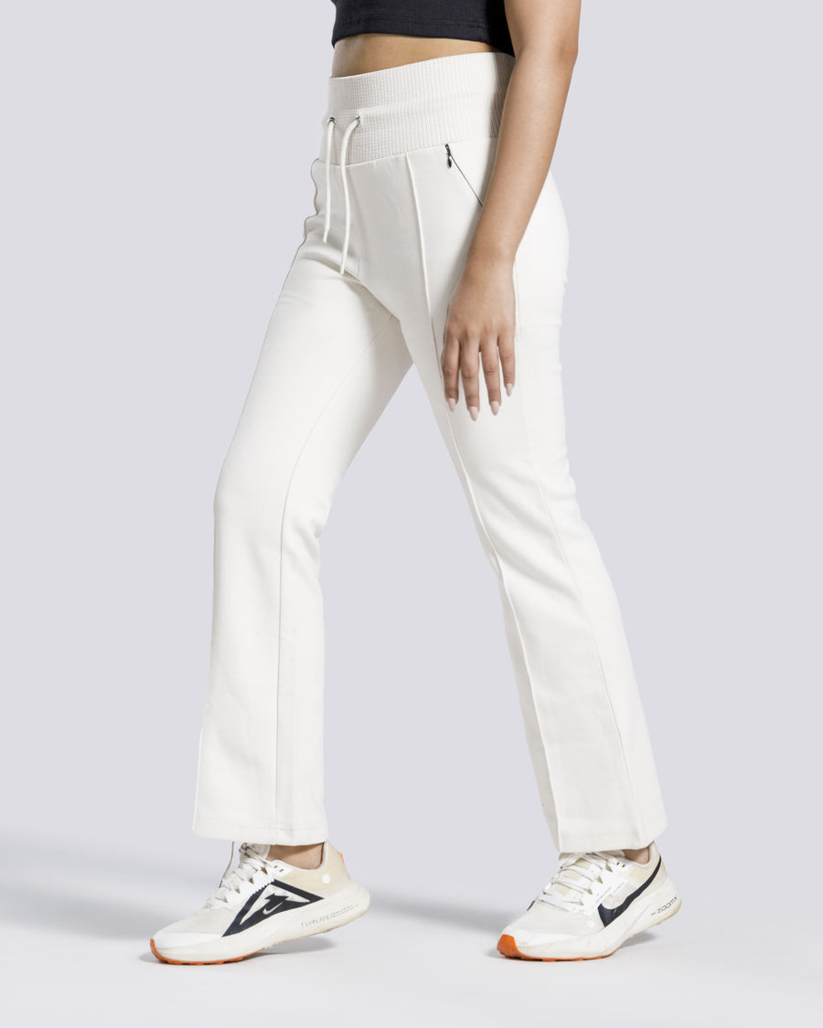 Women flared gym trousers side view white Pakistan