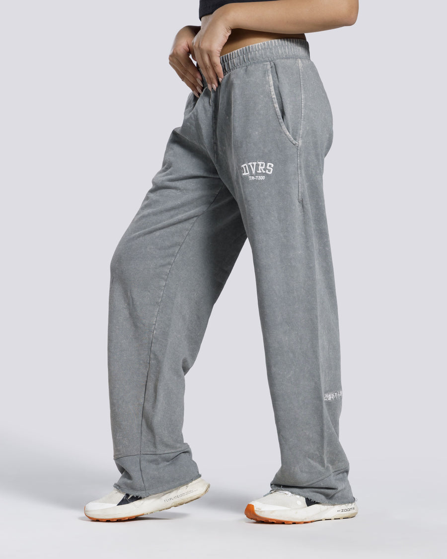 Women straight leg gym trousers side view grey Pakistan