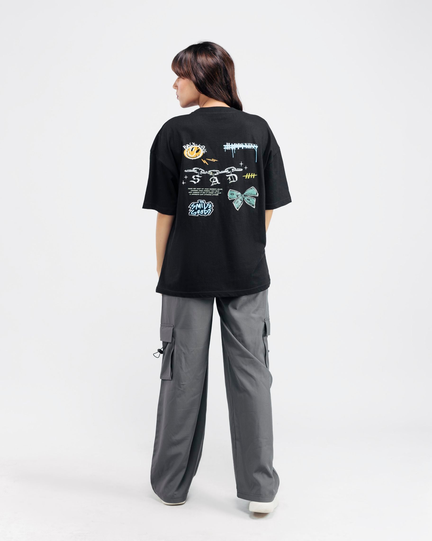 Back view Grey oversized cargo pants women